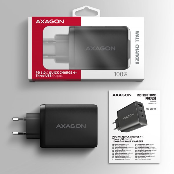 AXAGON ACU-DPQ100, GaN nabíječka do sítě 100W, 3x port (USB-A + dual USB-C), PD3.0/ PPS/ QC4+/ Apple - obrázek č. 8