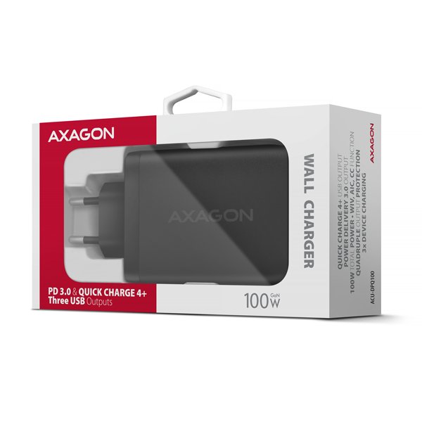 AXAGON ACU-DPQ100, GaN nabíječka do sítě 100W, 3x port (USB-A + dual USB-C), PD3.0/ PPS/ QC4+/ Apple - obrázek č. 9