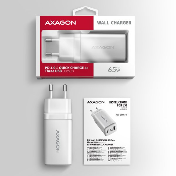 AXAGON ACU-DPQ65W, GaN nabíječka do sítě 65W, 3x port (USB-A + dual USB-C), PD3.0/ QC4+/ PPS/ Apple - obrázek č. 8