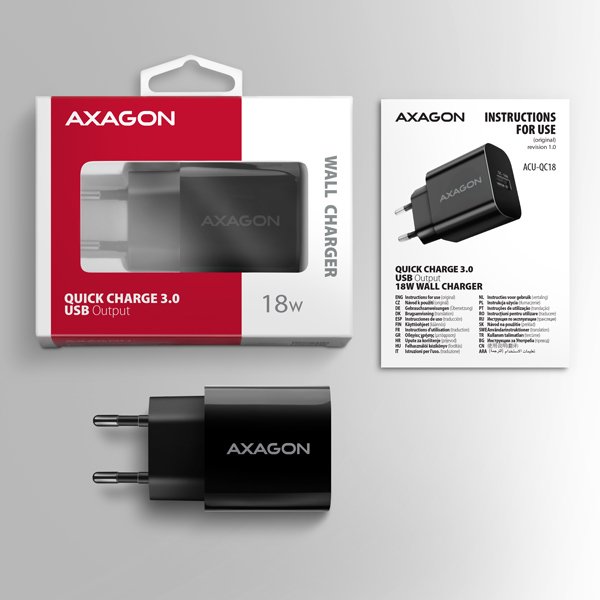AXAGON ACU-QC18, nabíječka do sítě 18W, 1x port USB-A, QC3.0/ AFC/ Apple, černá - obrázek č. 7