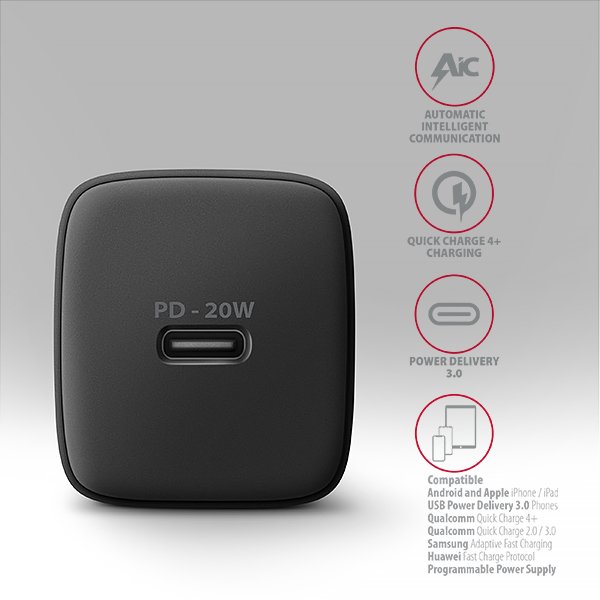 AXAGON ACU-PD20, nabíječka do sítě 20W, 1x port USB-C, PD3.0/ PPS/ QC4+/ AFC/ Apple, černá - obrázek č. 3