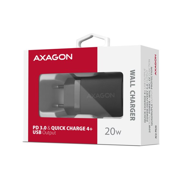 AXAGON ACU-PD20, nabíječka do sítě 20W, 1x port USB-C, PD3.0/ PPS/ QC4+/ AFC/ Apple, černá - obrázek č. 8