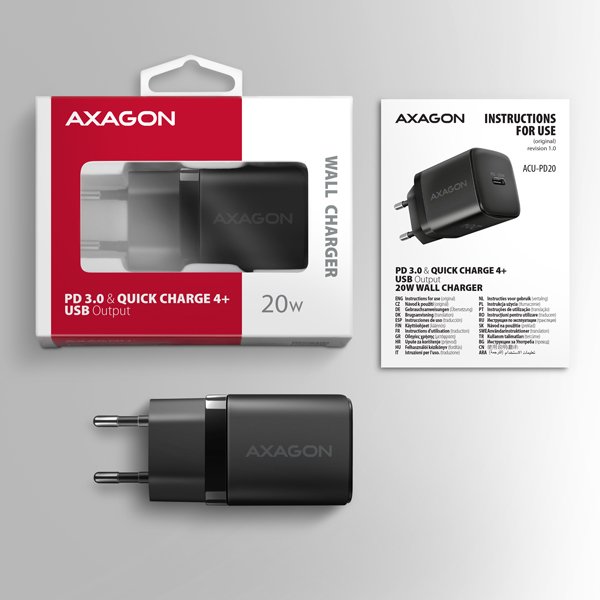 AXAGON ACU-PD20, nabíječka do sítě 20W, 1x port USB-C, PD3.0/ PPS/ QC4+/ AFC/ Apple, černá - obrázek č. 7