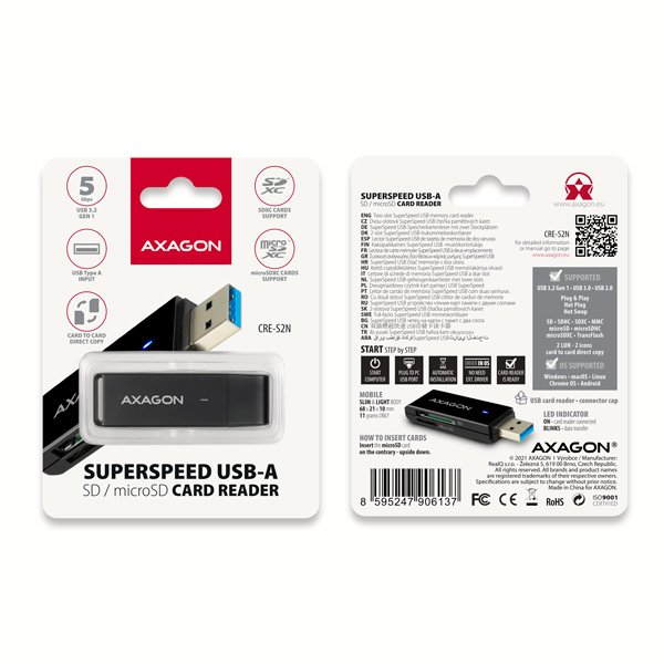AXAGON CRE-S2N, USB-A 3.2 Gen 1 - SUPERSPEED čtečka karet, 2-slot & lun SD/ microSD, podpora UHS-I - obrázek č. 6