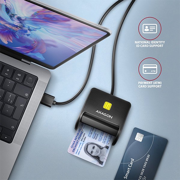 AXAGON CRE-SM3N, USB-A FlatReader čtečka kontaktních karet Smart card (eObčanka), kabel 1.3m - obrázek č. 1