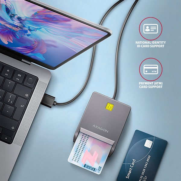 AXAGON CRE-SM3T, USB-A FlatReader čtečka kontaktních karet Smart card (eObčanka), kabel 1.3m - obrázek č. 1