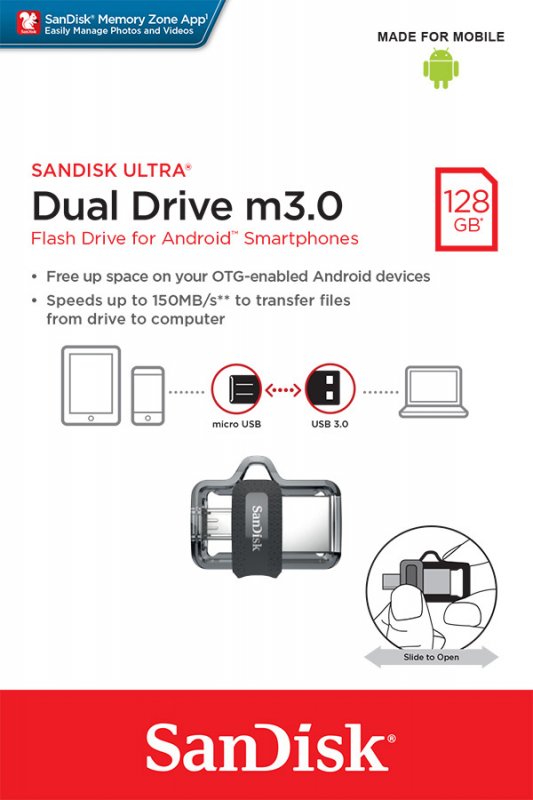 SanDisk Ultra Dual Drive M3/ 128GB/ 150MBps/ USB 3.0/ Micro USB + USB-A - obrázek č. 2