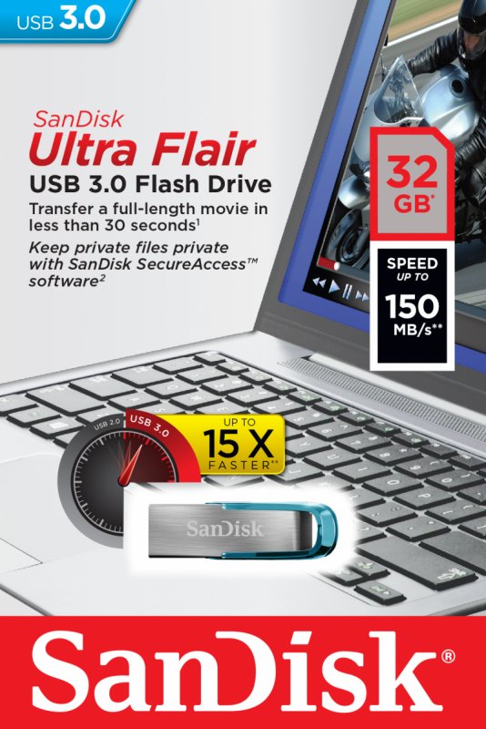 SanDisk Ultra Flair/ 32GB/ 150MBps/ USB 3.0/ USB-A/ Modrá - obrázek č. 2