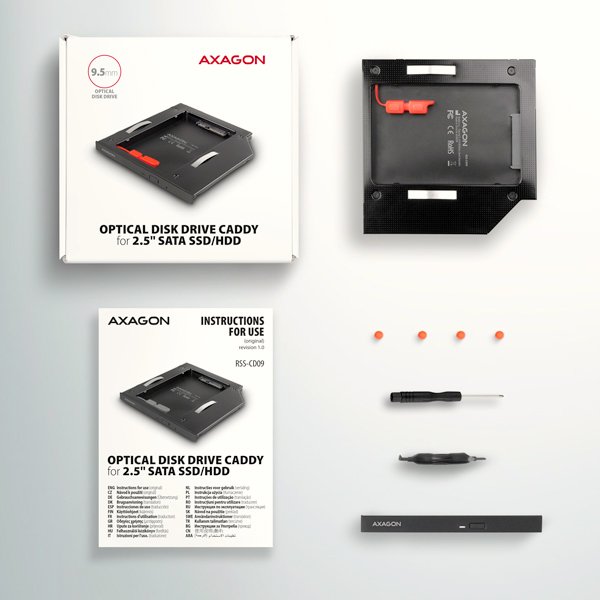 AXAGON RSS-CD09 rámeček pro 2.5" SSD/ HDD do DVD slotu, 9.5 mm, LED, hliník - obrázek č. 7
