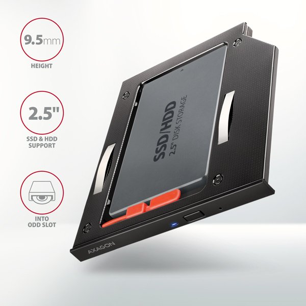 AXAGON RSS-CD09 rámeček pro 2.5" SSD/ HDD do DVD slotu, 9.5 mm, LED, hliník - obrázek č. 1