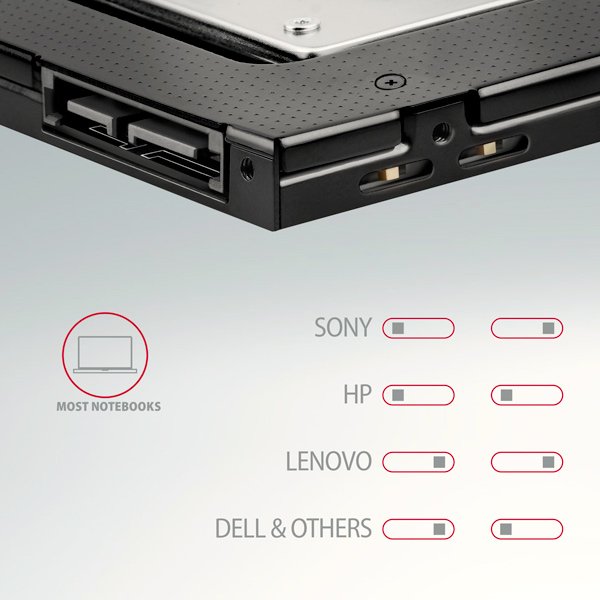 AXAGON RSS-CD09 rámeček pro 2.5" SSD/ HDD do DVD slotu, 9.5 mm, LED, hliník - obrázek č. 6