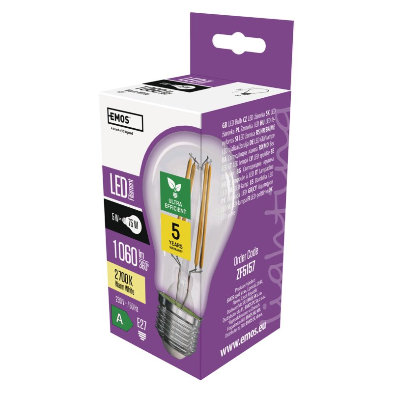 LED žárovka A60/ E27/ 5W/ 75W/ 1060lm/ teplá bílá - obrázek produktu