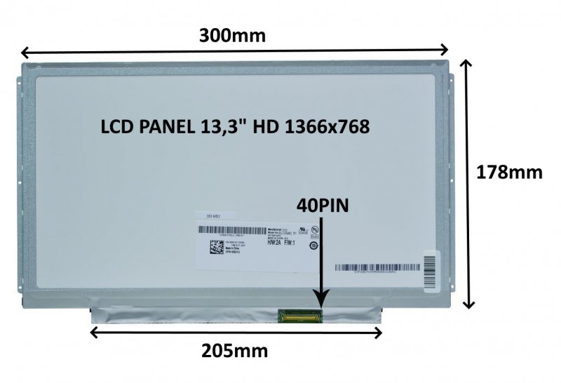 LCD PANEL 13,3" HD 1366x768 40PIN MATNÝ /  ÚCHYTY PO STRANÁCH - obrázek produktu
