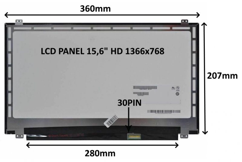 LCD PANEL 15,6" HD 1366x768 30PIN MATNÝ /  ÚCHYTY NAHOŘE A DOLE - obrázek produktu