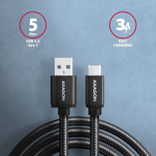 AXAGON BUCM3-AM10AB, SPEED kabel USB-C <-> USB-A, 1m, USB 3.2 Gen 1, 3A, ALU, oplet, černý - obrázek č. 1