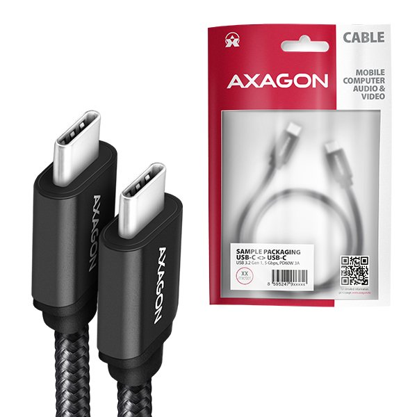 AXAGON BUCM3-CM10AB, SPEED kabel USB-C <-> USB-C, 1m, USB 3.2 Gen 1, PD 60W 3A, ALU, oplet, černý - obrázek č. 6