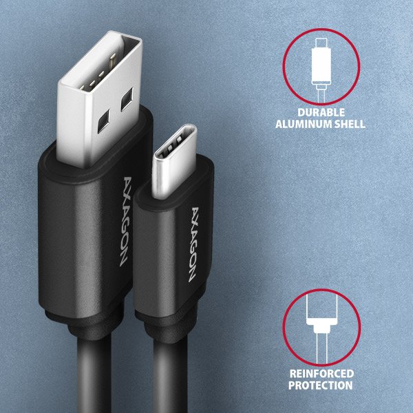 AXAGON BUCM-AM10TB, TWISTER kabel USB-C <-> USB-A, 0.6m, USB 2.0, 3A, ALU, tpe, černý - obrázek č. 2