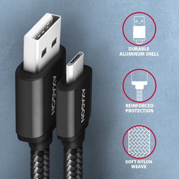 AXAGON BUMM-AM15AB, HQ kabel Micro USB <-> USB-A, 1.5m, USB 2.0, 2.4A, ALU, oplet, černý - obrázek č. 2