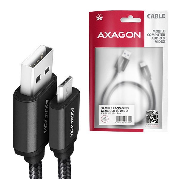AXAGON BUMM-AM15AB, HQ kabel Micro USB <-> USB-A, 1.5m, USB 2.0, 2.4A, ALU, oplet, černý - obrázek č. 4
