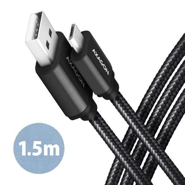 AXAGON BUMM-AM15AB, HQ kabel Micro USB <-> USB-A, 1.5m, USB 2.0, 2.4A, ALU, oplet, černý - obrázek produktu