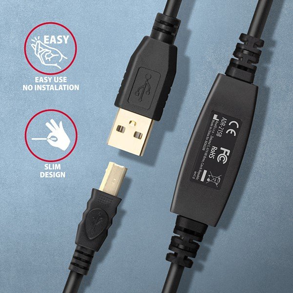 AXAGON ADR-215B, USB 2.0 A-M -> B-M aktivní propojovací /  repeater kabel, 15m - obrázek č. 2