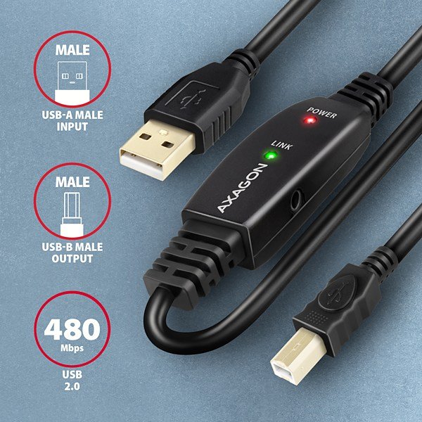 AXAGON ADR-215B, USB 2.0 A-M -> B-M aktivní propojovací /  repeater kabel, 15m - obrázek č. 1