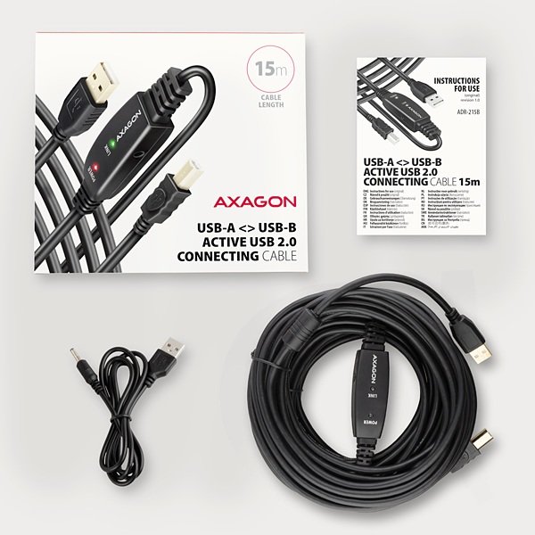 AXAGON ADR-215B, USB 2.0 A-M -> B-M aktivní propojovací /  repeater kabel, 15m - obrázek č. 6