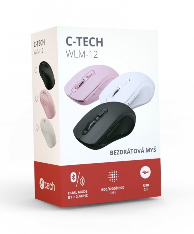 C-TECH WLM-12WH/ Ergonomická/ Optická/ Pro praváky/ 1 600 DPI/ USB+BT/ Bílá - obrázek č. 4