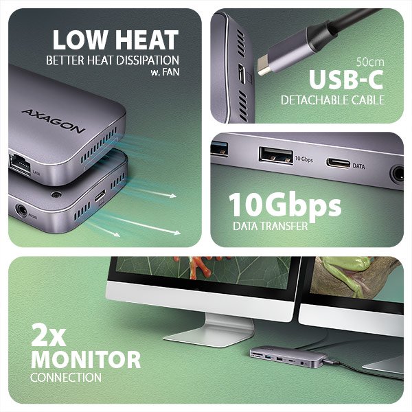 AXAGON HMC-12GM2, USB 10Gbps hub, 3x USB-A, USB-C,  HDMI, DP, RJ-45 GLAN, M.2, SD/ mSD, audio, PD - obrázek č. 6