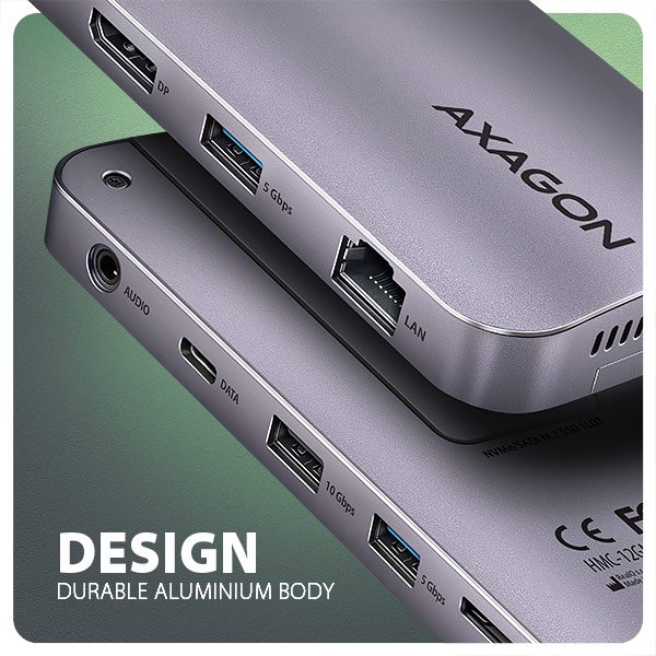 AXAGON HMC-12GM2, USB 10Gbps hub, 3x USB-A, USB-C,  HDMI, DP, RJ-45 GLAN, M.2, SD/ mSD, audio, PD - obrázek č. 7