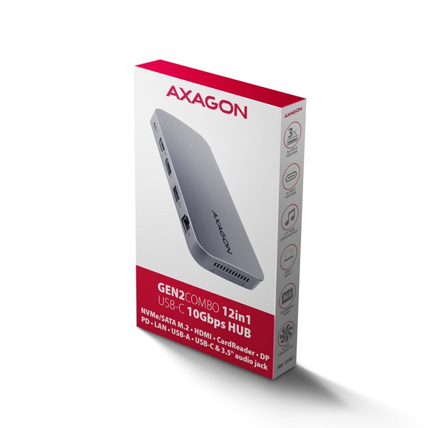 AXAGON HMC-12GM2, USB 10Gbps hub, 3x USB-A, USB-C,  HDMI, DP, RJ-45 GLAN, M.2, SD/ mSD, audio, PD - obrázek č. 3