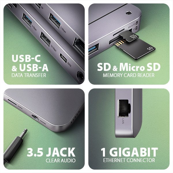 AXAGON HMC-12GM2, USB 10Gbps hub, 3x USB-A, USB-C,  HDMI, DP, RJ-45 GLAN, M.2, SD/ mSD, audio, PD - obrázek č. 4