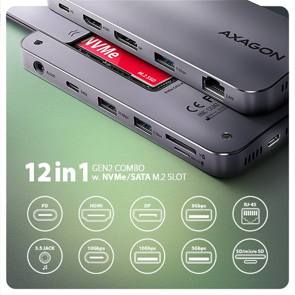 AXAGON HMC-12GM2, USB 10Gbps hub, 3x USB-A, USB-C,  HDMI, DP, RJ-45 GLAN, M.2, SD/ mSD, audio, PD - obrázek č. 1