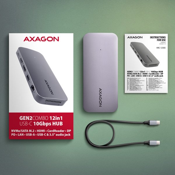 AXAGON HMC-12GM2, USB 10Gbps hub, 3x USB-A, USB-C,  HDMI, DP, RJ-45 GLAN, M.2, SD/ mSD, audio, PD - obrázek č. 2