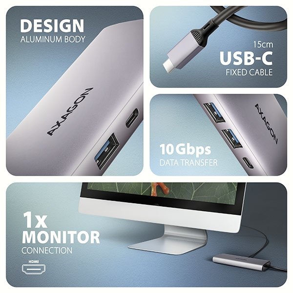 AXAGON HMC-6G2L, USB 10Gb/ s hub, 2x USB-A, 1x USB-C, HDMI 4k/ 60, RJ-45, PD 100W, kabel USB-C 15cm - obrázek č. 2
