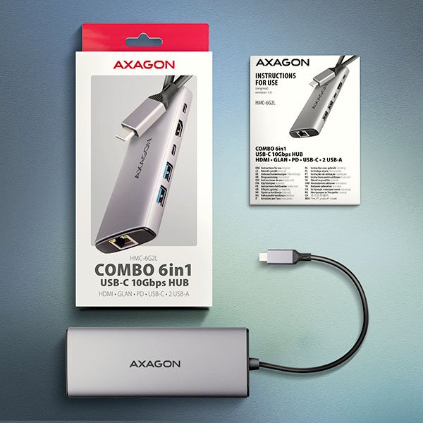 AXAGON HMC-6G2L, USB 10Gb/ s hub, 2x USB-A, 1x USB-C, HDMI 4k/ 60, RJ-45, PD 100W, kabel USB-C 15cm - obrázek č. 7
