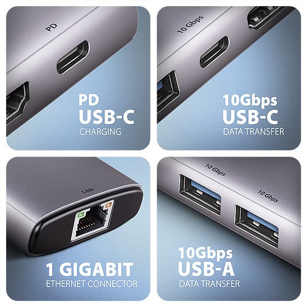 AXAGON HMC-6G2L, USB 10Gb/ s hub, 2x USB-A, 1x USB-C, HDMI 4k/ 60, RJ-45, PD 100W, kabel USB-C 15cm - obrázek č. 3