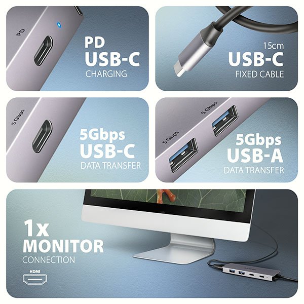 AXAGON HMC-5H60, USB 5Gbps hub, porty 2x USB-A, 1x USB-C, HDMI 4k/ 60, PD 100W, kabel USB-C 15cm - obrázek č. 2