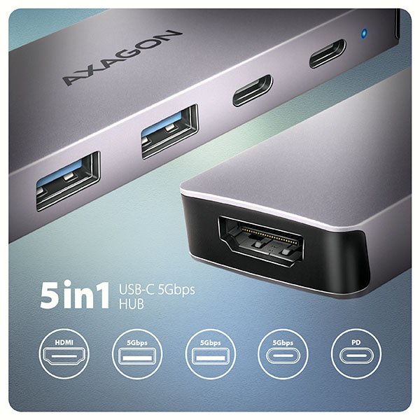 AXAGON HMC-5H60, USB 5Gbps hub, porty 2x USB-A, 1x USB-C, HDMI 4k/ 60, PD 100W, kabel USB-C 15cm - obrázek č. 1