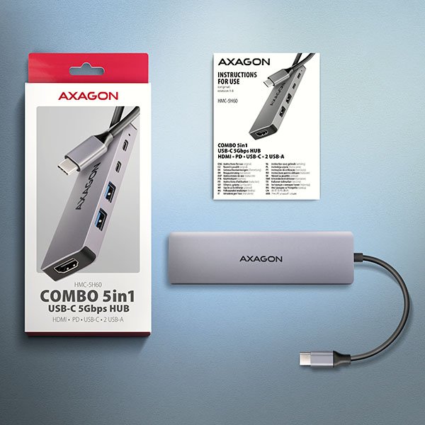AXAGON HMC-5H60, USB 5Gbps hub, porty 2x USB-A, 1x USB-C, HDMI 4k/ 60, PD 100W, kabel USB-C 15cm - obrázek č. 6
