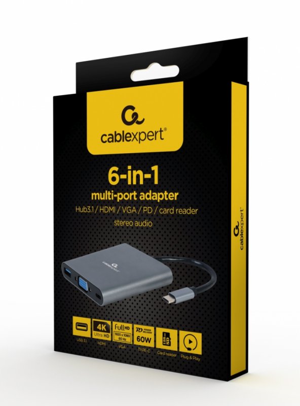 Gembird USB-C 6v1 multiport USB 3.1 + HDMI + VGA + PD + čtečka karet + stereo audio - obrázek č. 2