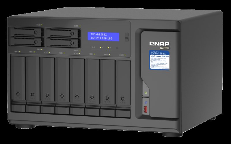QNAP TVS-h1288X-W1250-16G (Xeon 3,3GHz, ZFS, 16GB ECC RAM, 8x 3,5"+ 4x 2,5", 2x M.2 NVMe, 4x 2,5GbE) - obrázek produktu
