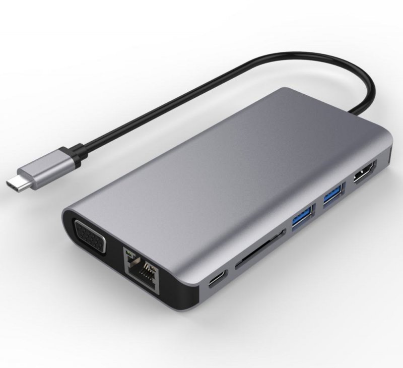 PremiumCord Převodník USB3.1 typ C na HDMI+VGA+RJ45+2xUSB3.0+SD card +3,5mm+PD charge - obrázek produktu