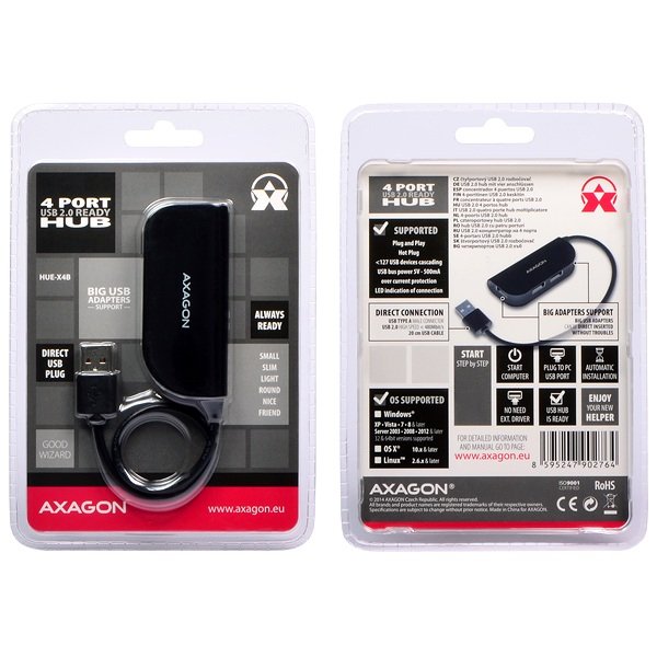 AXAGON HUE-X4B, 4x USB2.0 READY hub, černý - obrázek č. 5