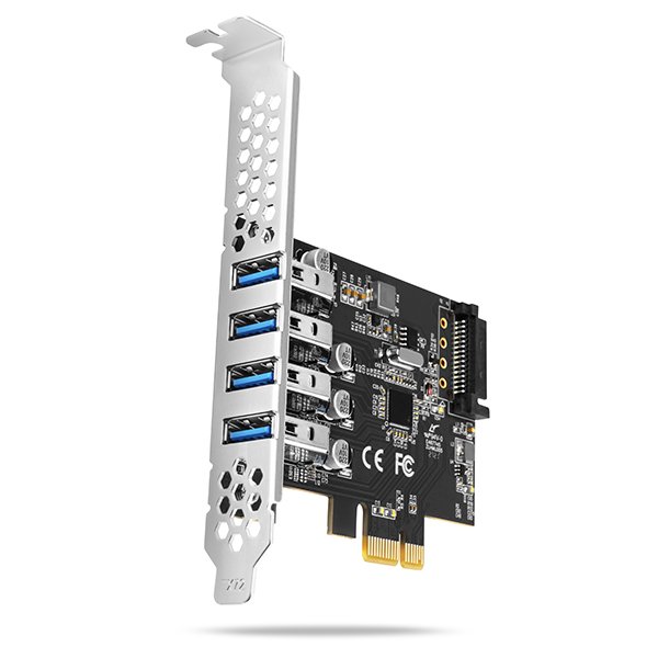AXAGON PCEU-43RS, PCIe řadič, 4x USB 3.2 Gen 1 port, 5 Gbps, napájení z PCIe nebo SATA, SP & LP - obrázek produktu