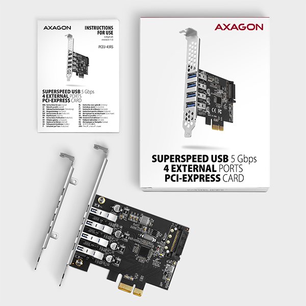 AXAGON PCEU-43RS, PCIe řadič, 4x USB 3.2 Gen 1 port, 5 Gbps, napájení z PCIe nebo SATA, SP & LP - obrázek č. 4