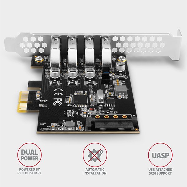 AXAGON PCEU-43RS, PCIe řadič, 4x USB 3.2 Gen 1 port, 5 Gbps, napájení z PCIe nebo SATA, SP & LP - obrázek č. 3