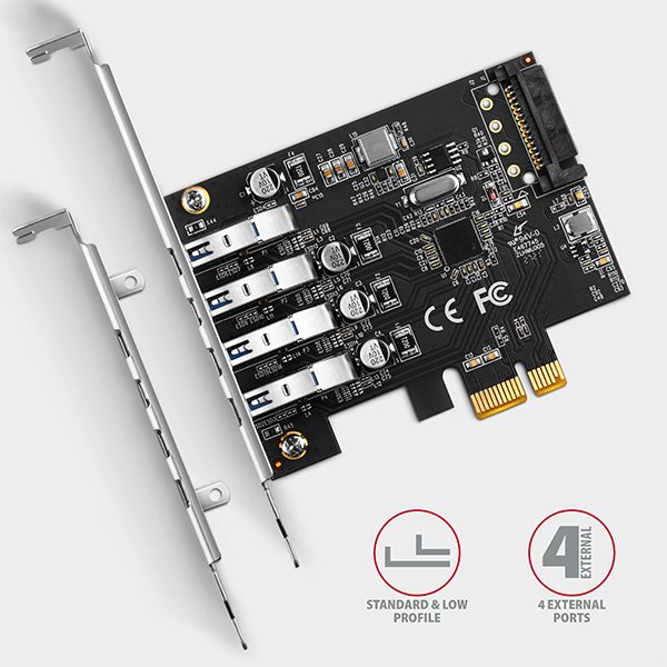 AXAGON PCEU-43RS, PCIe řadič, 4x USB 3.2 Gen 1 port, 5 Gbps, napájení z PCIe nebo SATA, SP & LP - obrázek č. 2