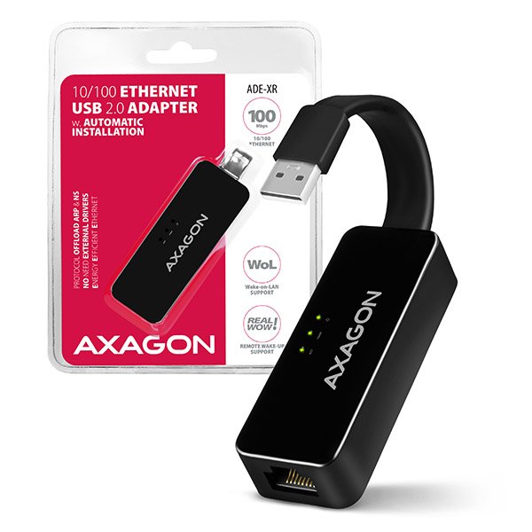 AXAGON ADE-XR, USB 2.0 - Fast Ethernet síťová karta, auto instal, černá - obrázek produktu
